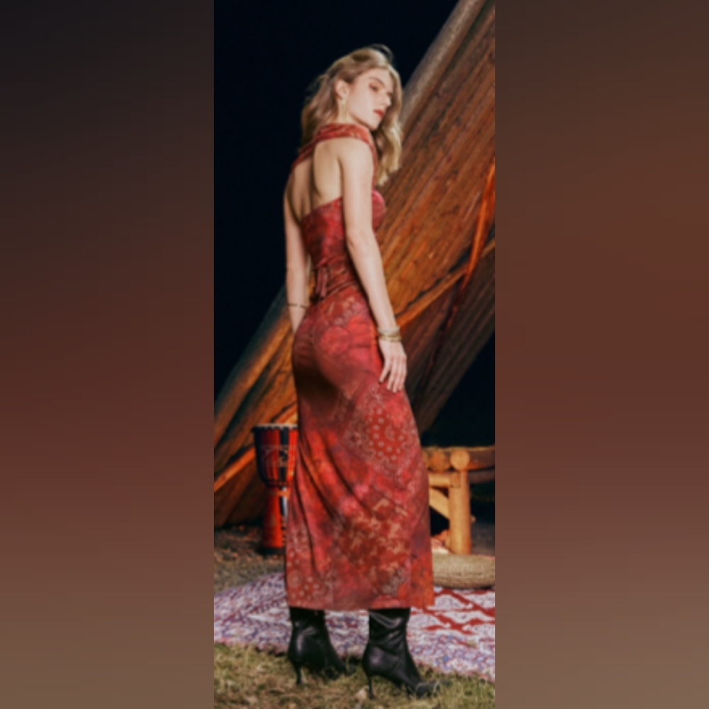 Cider Paisley Pattern Mesh Maxi Dress. Red Medium